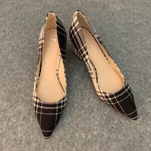 Marc Fisher Women’s Black and Off White Plaid Chunky Heel Pointed Toe Shoes